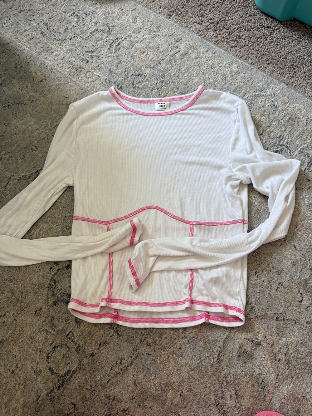 White Long-Sleeve Top with Pink Contrast Stitching